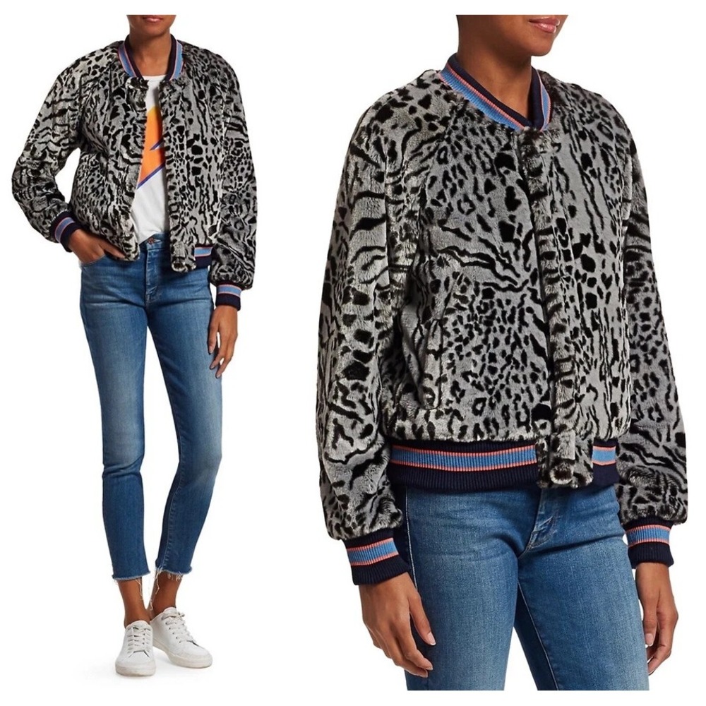 MOTHER Grey Spotted Chasing Tail‎ Faux Fur Letterman Bomber Jacket Women XS $375